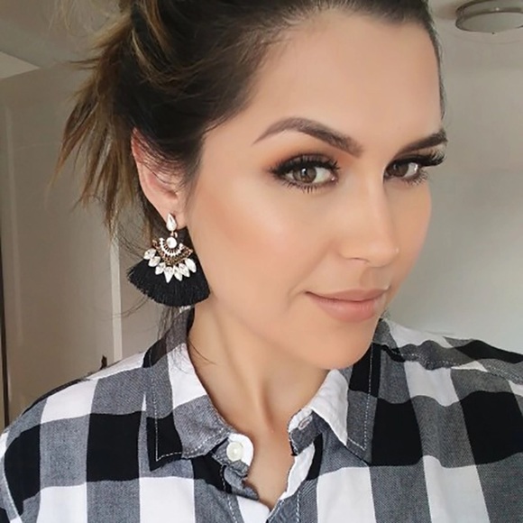 NWOT Jeweled Black Tassel Earrings - Picture 2 of 7